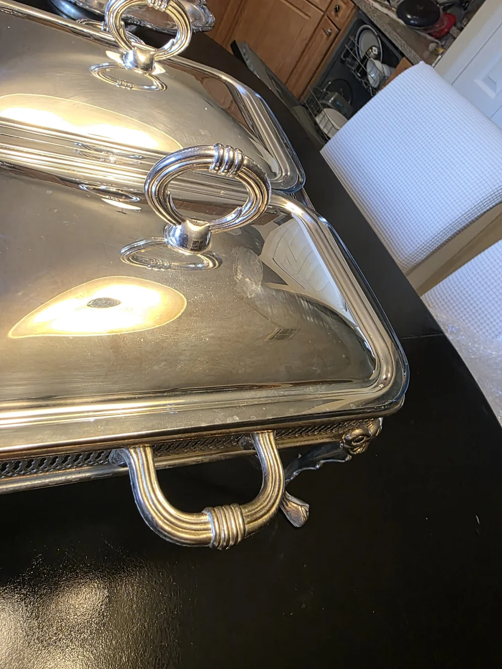 Source Unknown Silver Double Chafing Dish with Ornate Stand